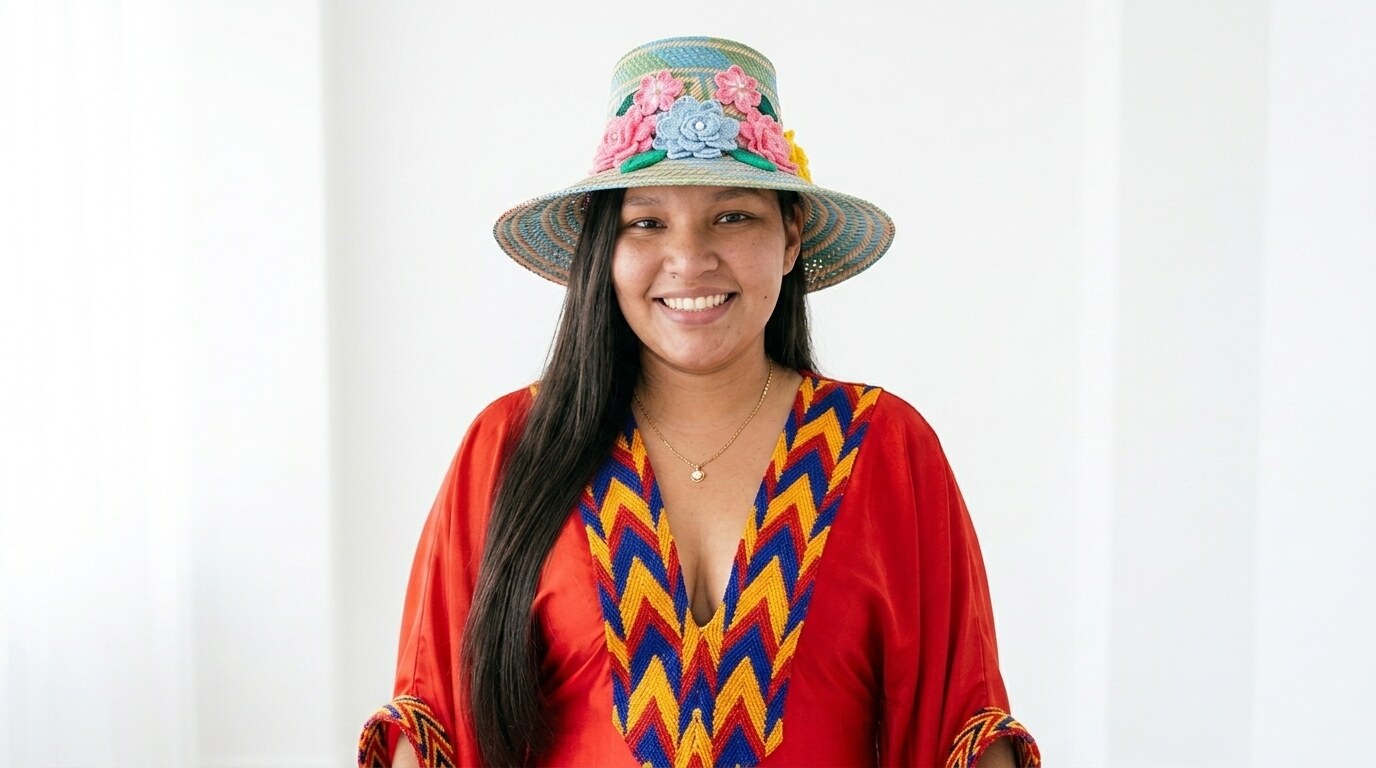 Mujer luciendo un sombrero artesanal JIWONNE con flores tejidas